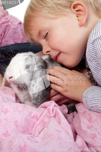 Image of Portrait of a scandinavian young boy in studio with a rabbit