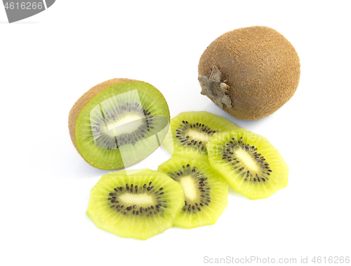 Image of Whole and half kiwi with fresh juicy slices