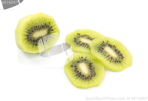 Image of Peeled half kiwi fruit with three juicy slices