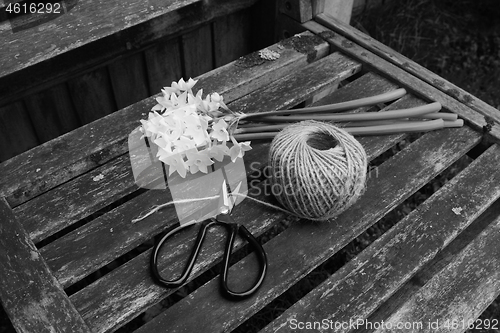 Image of Flower scissors cutting twine, next to a bunch of narcissi