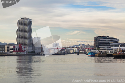 Image of Nagasaki, Japan - September 02, 2019: Dejima Wharf shopping and restaurant area with sea