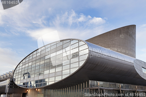 Image of Modern architecture. Graphical geometric pattern on modern building.