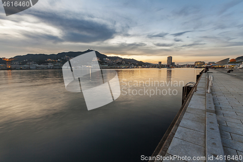 Image of View on Dejima wharf on sunset. Nagasaki, Japan