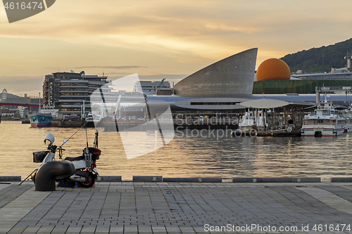 Image of Nagasaki, Japan. Dejima wharf shopping area at sunset