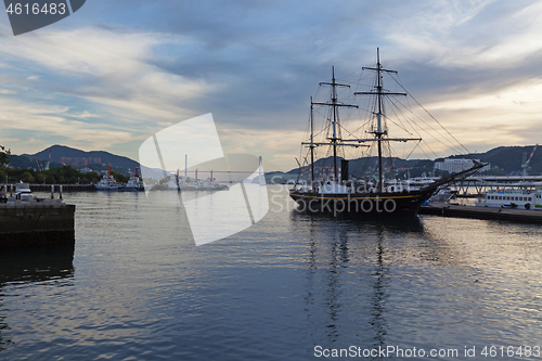 Image of Nagasaki, Japan - September 02, 2019: Dejima Wharf shopping and restaurant area with sea