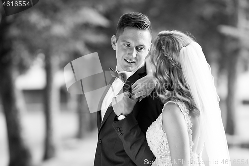 Image of Bride and groom hugging tenderly posing during photo shooting in park.