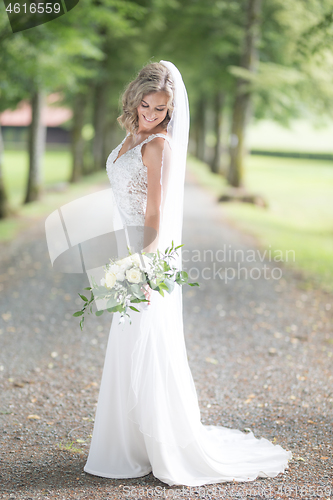 Image of Full length portrait of beautiful sensual young blond bride in long white wedding dress and veil, holding bouquet outdoors in natural background