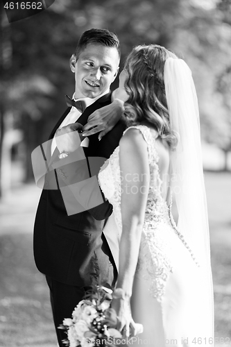 Image of Bride and groom hugging tenderly posing during photo shooting in park.