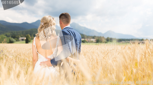 Image of Rear view of groom huging bride tenderly in wheat field somewhere in Slovenian countryside.