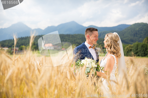 Image of Groom hugs bride tenderly in wheat field somewhere in Slovenian countryside.