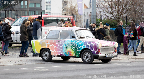 Image of BERLIN - december 2019: Berlin trabi world museum close to Check