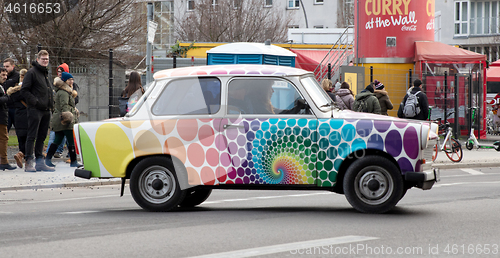 Image of BERLIN - december 2019: Berlin trabi world museum close to Check