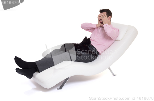 Image of Man client sitting with psychologist on the comfortable couch du