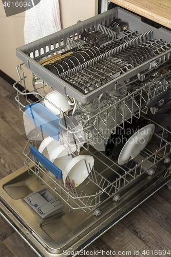 Image of Clean plates, cups, spoons and forks in a dishwasher at home kitchen