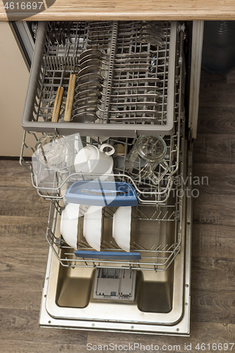 Image of Dishwasher with clean plates, cups, spoons and forks in kitchen at home