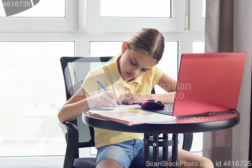 Image of Girl does homework while studying remotely.