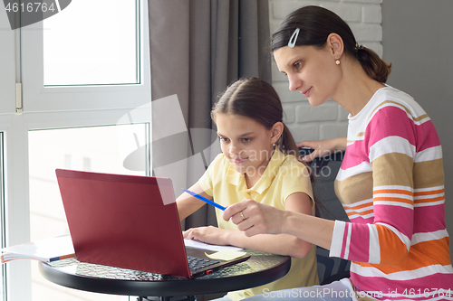 Image of A tutor helps a girl learn online through the Internet