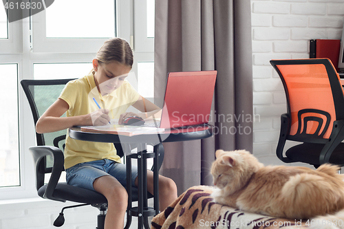 Image of Girl sitting at a table in the room and doing homework online