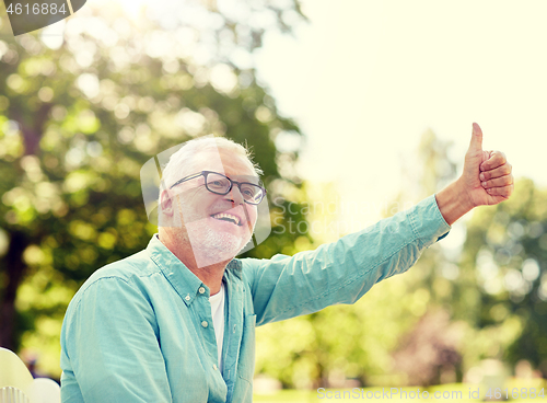 Image of happy senior man showing thumbs up at summer park