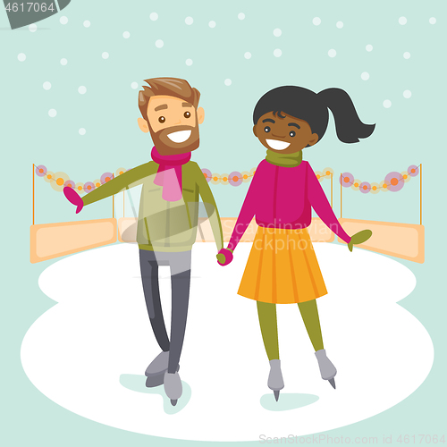 Image of Multiracial couple skating on ice rink outdoors.