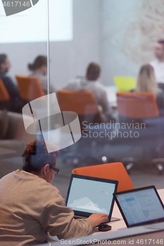 Image of businesswoman using a laptop in startup office