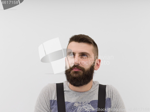 Image of portrait of bearded hipster handyman isolated on white
