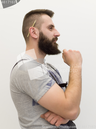 Image of portrait of bearded hipster handyman