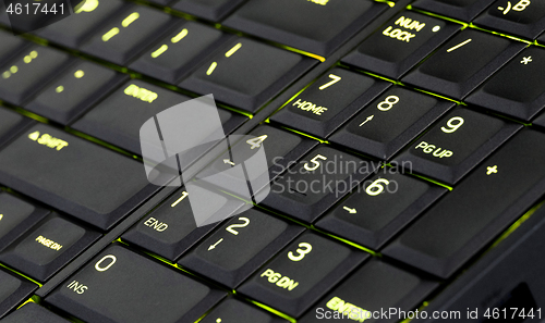 Image of Close up led backlit computer laptop keyboard