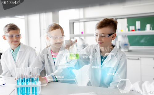 Image of kids with test tubes studying chemistry at school