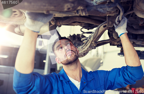 Image of mechanic man or smith repairing car at workshop