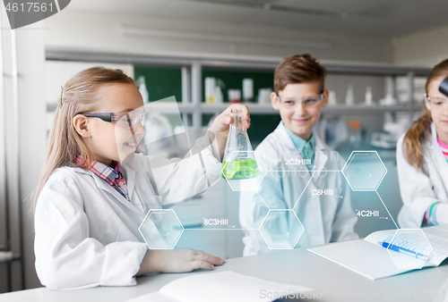 Image of kids with test tubes studying chemistry at school