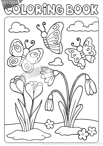 Image of Coloring book spring flowers and butterflies