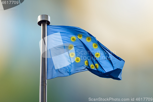 Image of Flag of European Union with rond from bacteria of Coronavirus.