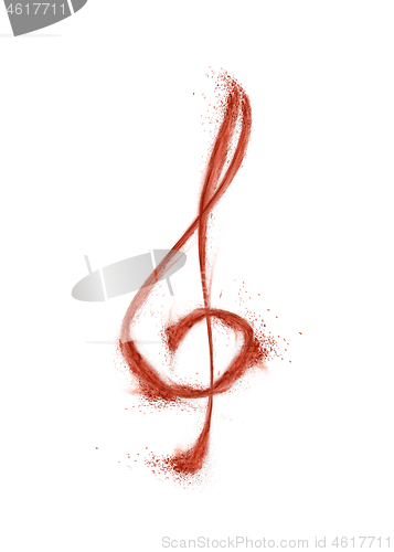 Image of Treble clef made from red dust splash on a white background.