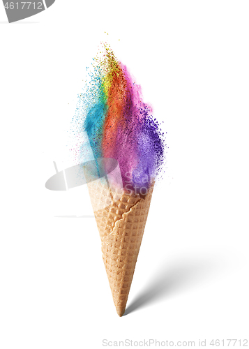 Image of Ice cream from multicolored dust explosion in a waffle cone.