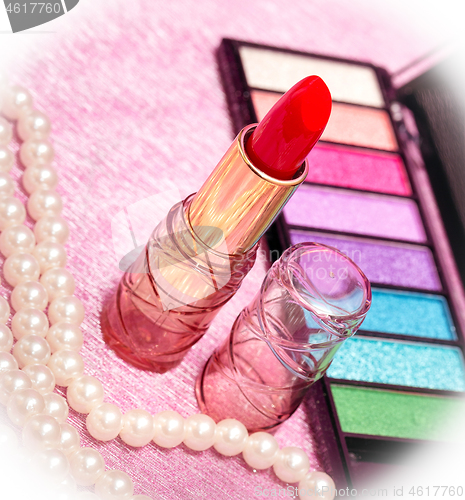 Image of Cosmetic Lipstick Represents Beauty Product And Eyeshadow 