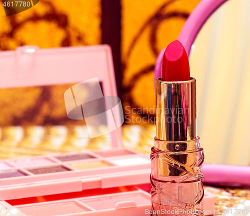 Image of Cosmetic Red Lipstick Indicates Make Up And Facial 