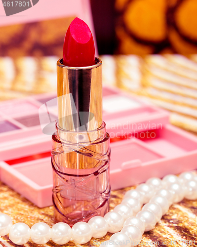 Image of Cosmetic Red Lipstick Represents Beauty Product And Facial 