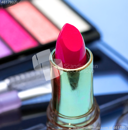 Image of Makeup Pink Lipstick Shows Beauty Products And Face 