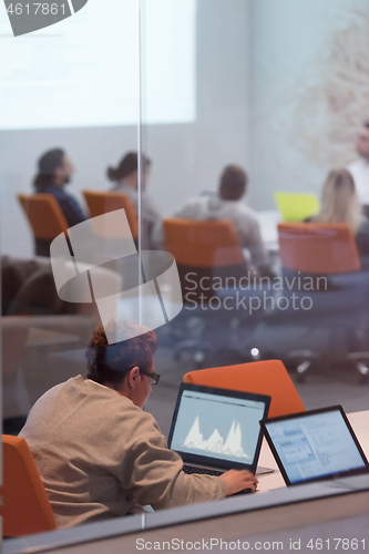 Image of businesswoman using a laptop in startup office