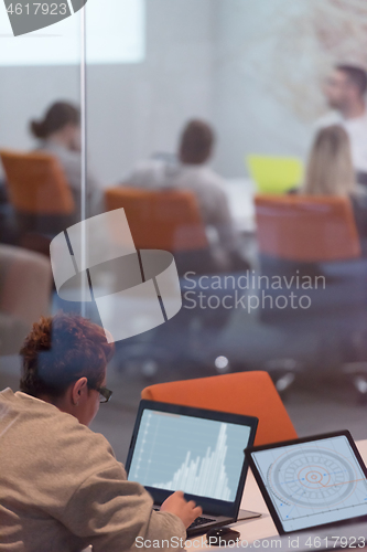 Image of businesswoman using a laptop in startup office