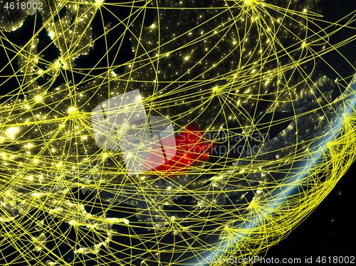 Image of Romania on dark Earth with network