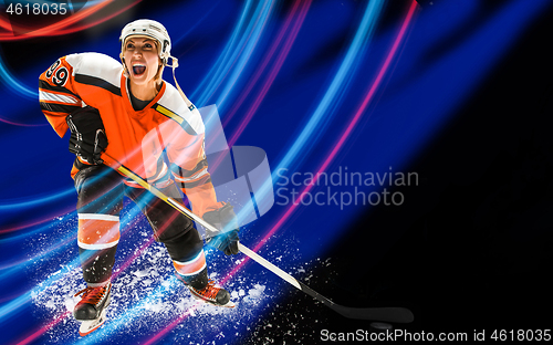 Image of a girl hockey player in uniform posing with helmets off in front of red