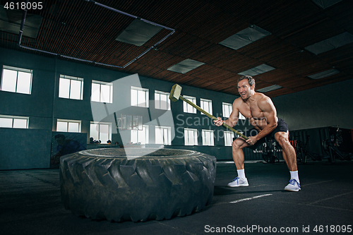 Image of Shirtless man flipping heavy tire at gym