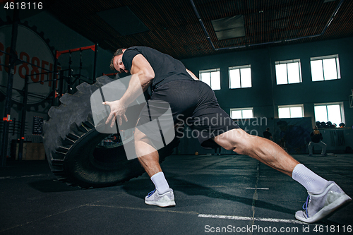 Image of Shirtless man flipping heavy tire at gym