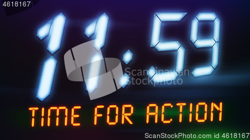 Image of a digital clock with text time for action