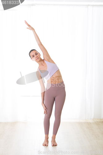 Image of Portrait of gorgeous active sporty young woman practicing yoga in studio. Beautiful girl practice Ardha Chandrasana,half moon yoga pose. Healthy active lifestyle, working out in gym