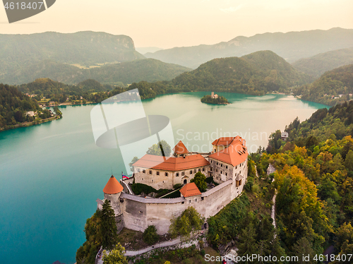 Image of Aerial view of Bled Castle overlooking Lake Bled in Slovenia, Europe