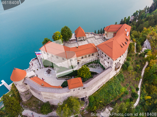 Image of Aerial view of Bled Castle overlooking Lake Bled in Slovenia, Europe