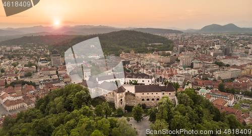 Image of Aerial panorama of Ljubljana, capital of Slovenia, at sunset